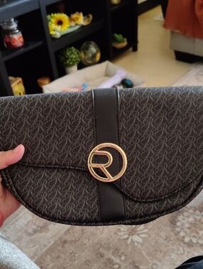 Source Unknown Dark Brown Monogram Crescent Clutch with Gold Logo